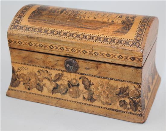 A Tunbridge ware birds eye maple Battle Abbey mosaic dome top tea caddy, 7in.